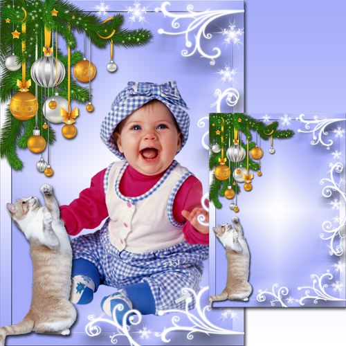 New Year Frame - Cat and Christmas tree decorations