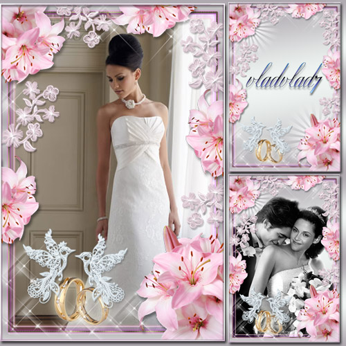 Wedding Photoframe - Pink lilies and delicate flowers