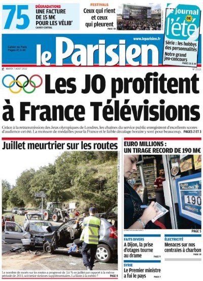 Le Parisien + Cahier Paris du Mardi 7 Aout 2012