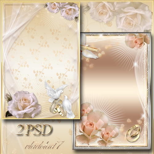 Frames for Photoshop - Wedding roses, gold rings and doves