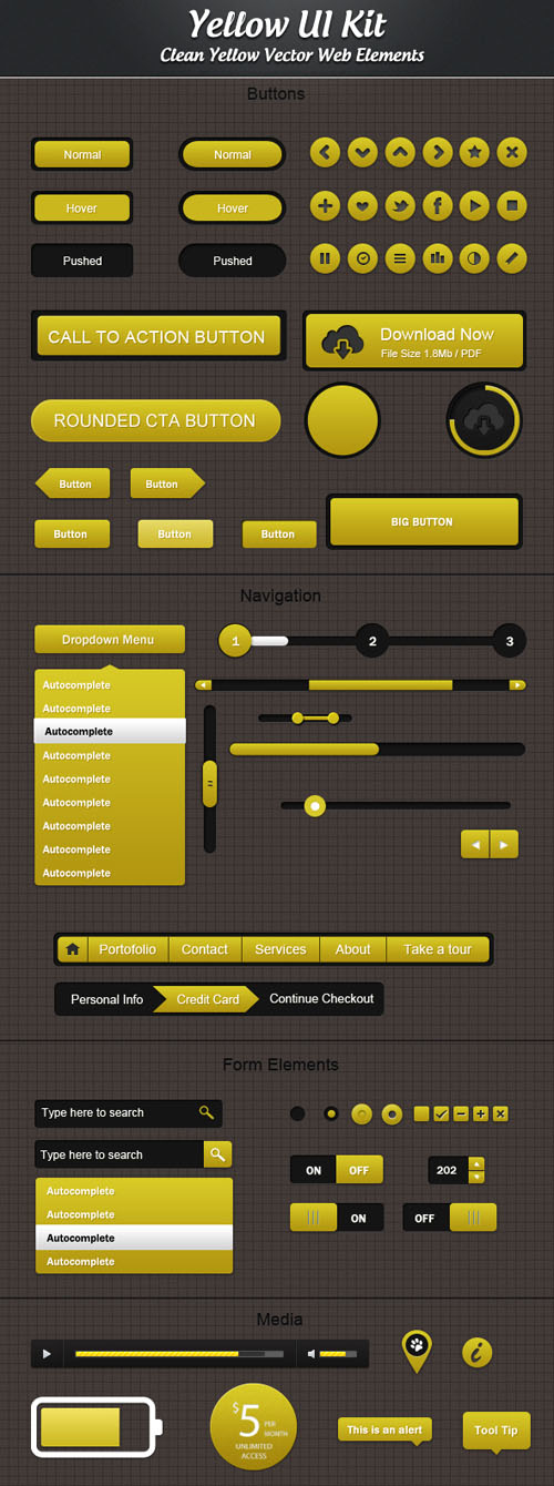 Yellow Web User Interface PSD Elements