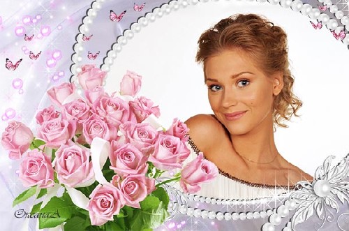 Women's frame - Pearls and a bouquet of pink roses