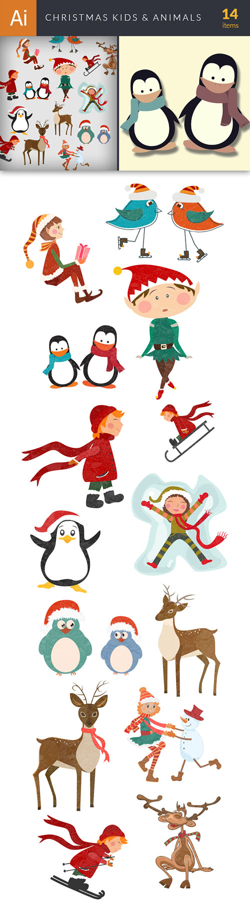 Vector Christmas Kids & Animals Set - Winter Elements