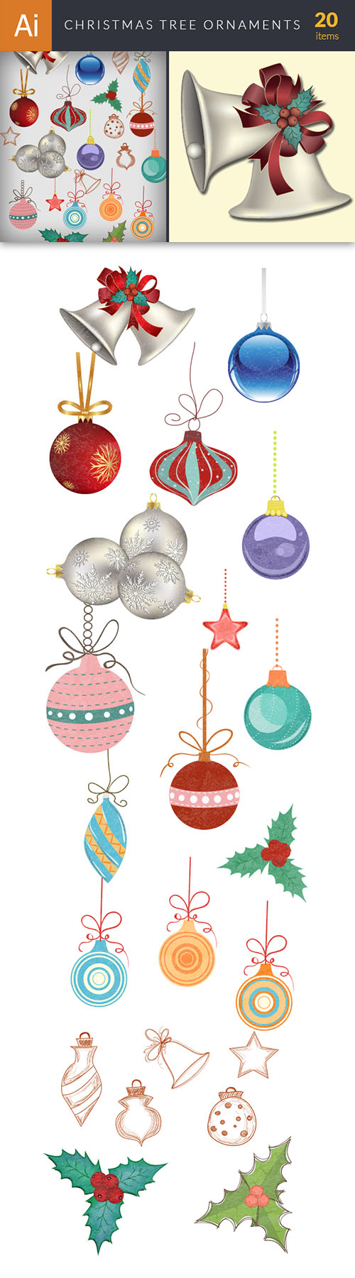 Vector Christmas Tree Ornaments Set - Winter Elements