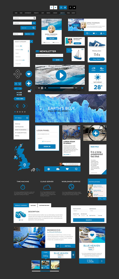 PSD Web Design - The Flat Design UI Pack - Blue & White Color Style