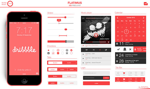PSD Web Design - The Flatimus iOS UI Kit - Red & White Color Style