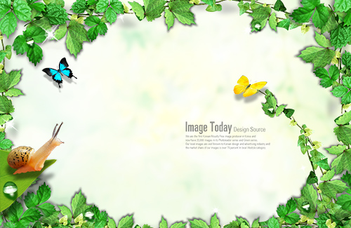 PSD Source - Nature background - green leaves, butterfly, snail
