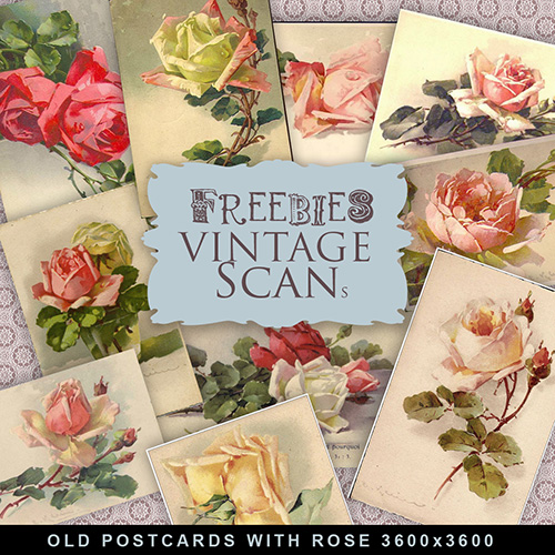 Scrap-kit - 12 Old Vintage postcards with Rose Images