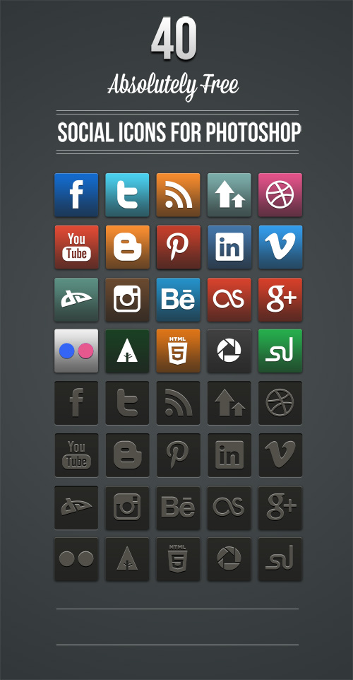 PSD Web Icons - 40 Social Icons Colored & Dented