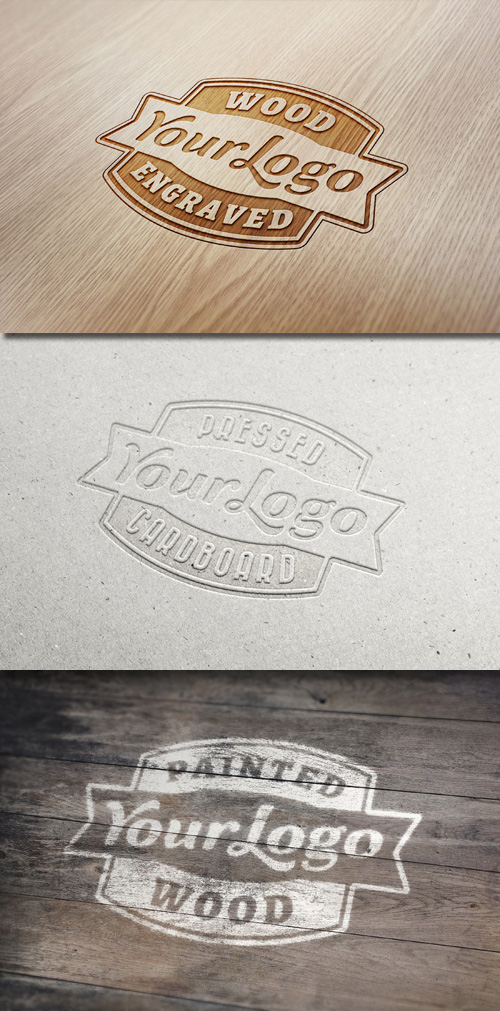 Logo Mock-Ups - Wood Engraved, Pressed Cardboard, Painted Wood