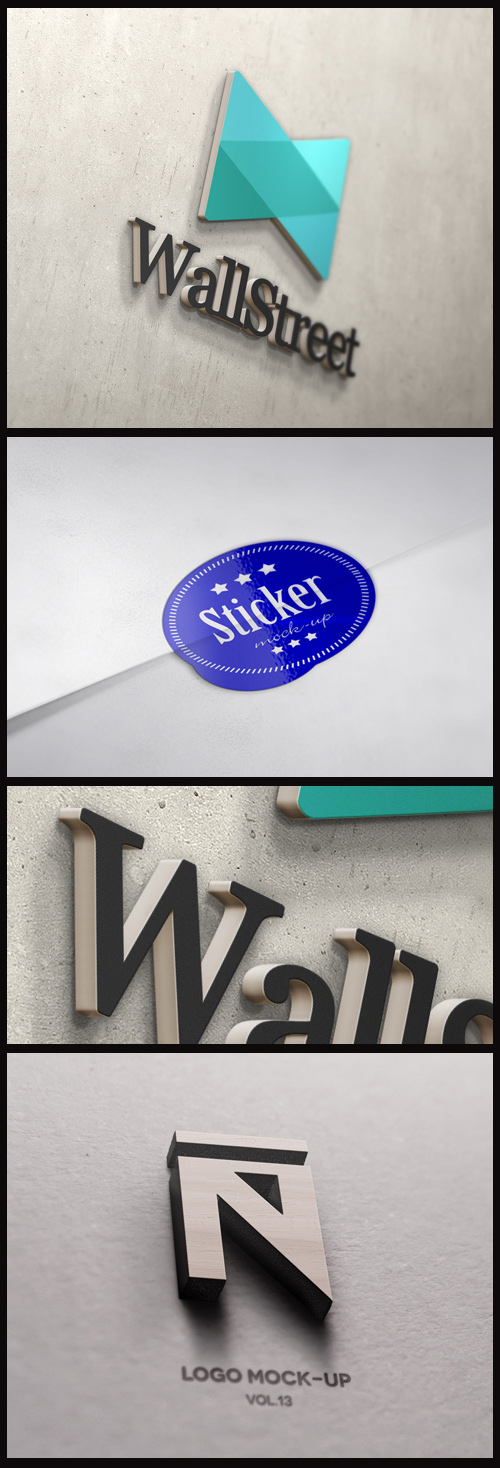 Logo Mock-Ups - 3D Wall, Sticker and 3D Wood Logo