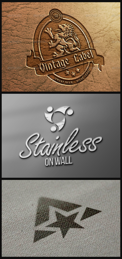 Logo Mock-Ups - Leather, Fabric, Stainless Logo on the Wall