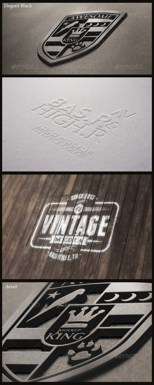 Logo Mock-Ups - Paint on Wood, Embossed Paper, 3D King Logo