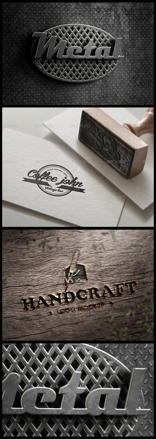 Logo Mock-Ups - Wood Handcraft, Stamped on Paper, Metal 3D Logo