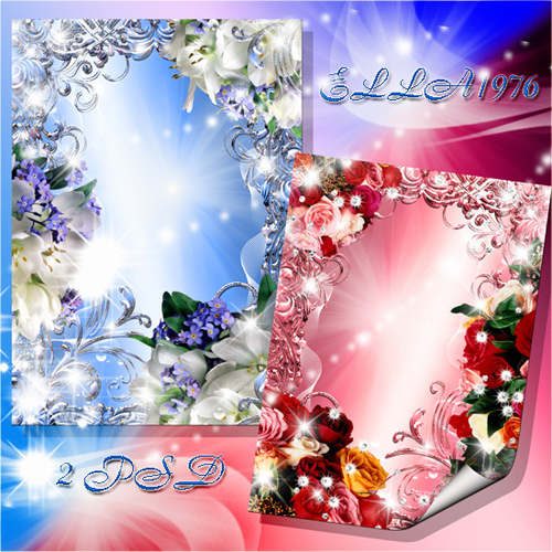Two floral frames for photos, Pink and Blue